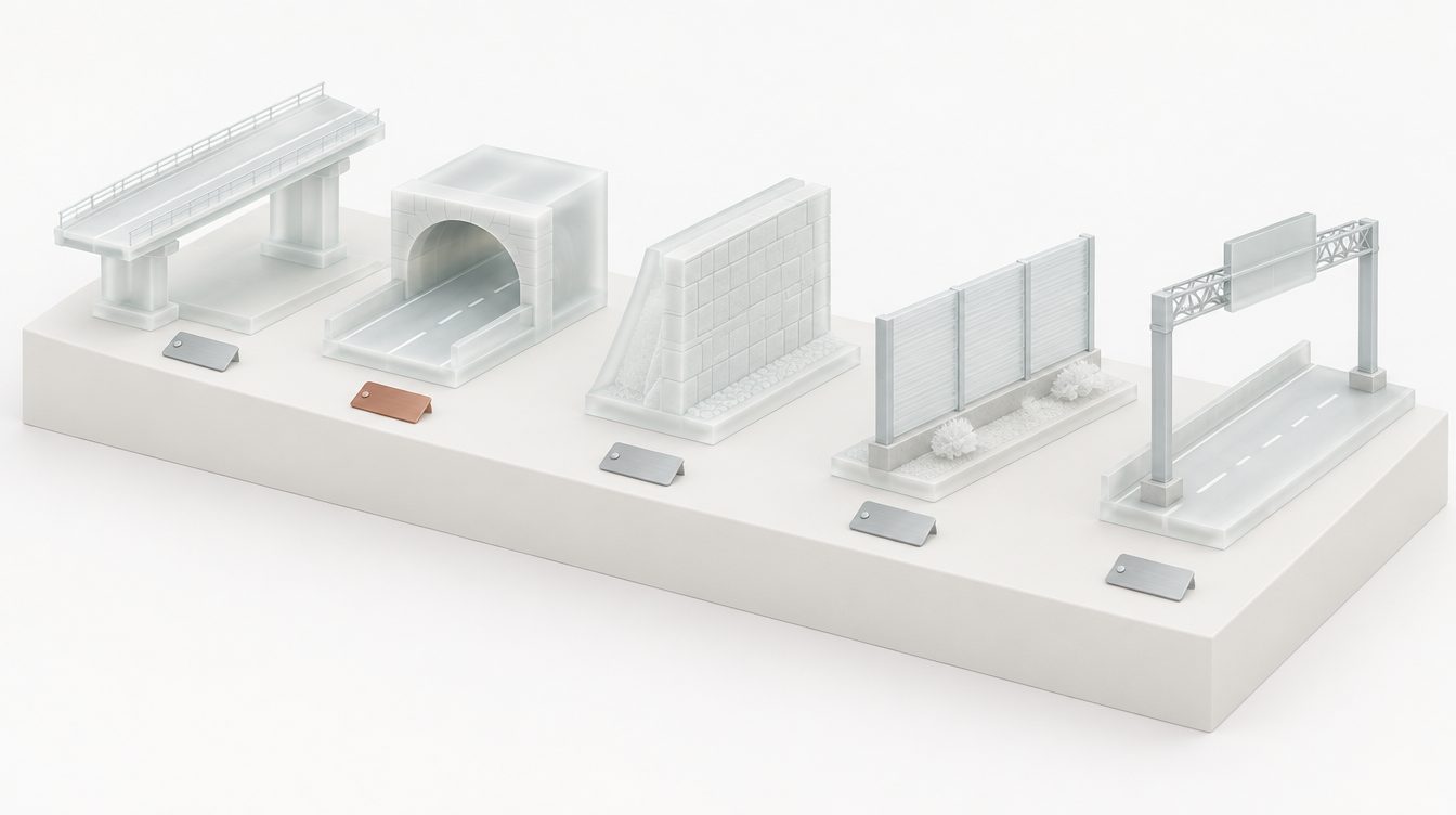 F&uuml;nf Glasmodelle auf einem Sockel: Br&uuml;cke, Tunnelportal, St&uuml;tzwand, L&auml;rmschutzwand, Schilderbr&uuml;cke