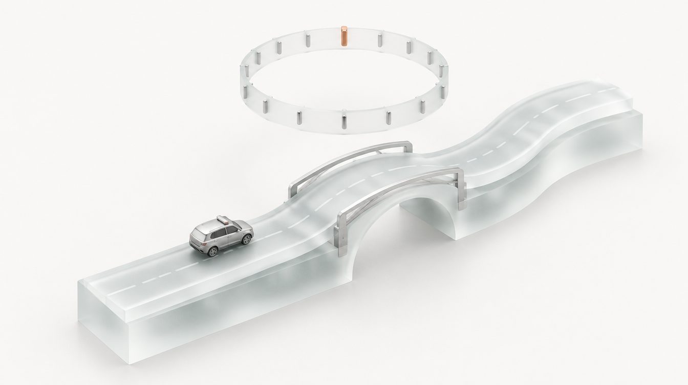 Ein Straßenstück mit Brücke, ein Silberfahrzeug, darüber ein Kalenderring mit einer Kupfermarke