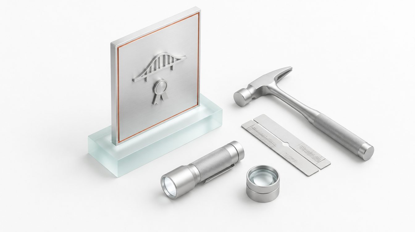 Eine Silberplakette mit Kupferrand, daneben Hammer, Rissmaßstab, Lampe und Lupe