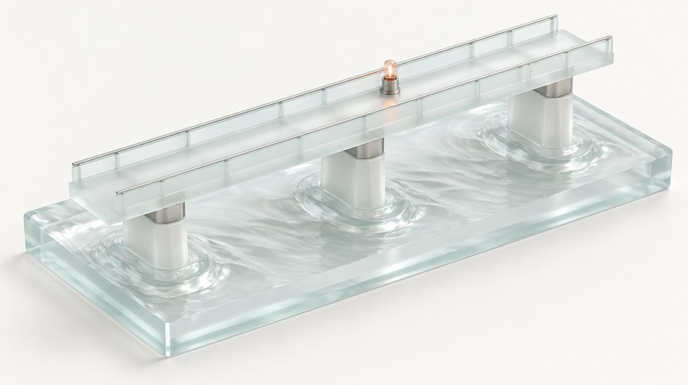 Ein Br&uuml;ckenmodell im gl&auml;sernen Wasser mit Wellen um die Pfeiler, ein Warnlicht mit Kupferschein